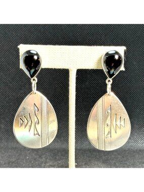 Teardrop Black Onyx Native Dangle Earrings Sterling Silver 925 Size 2.25''